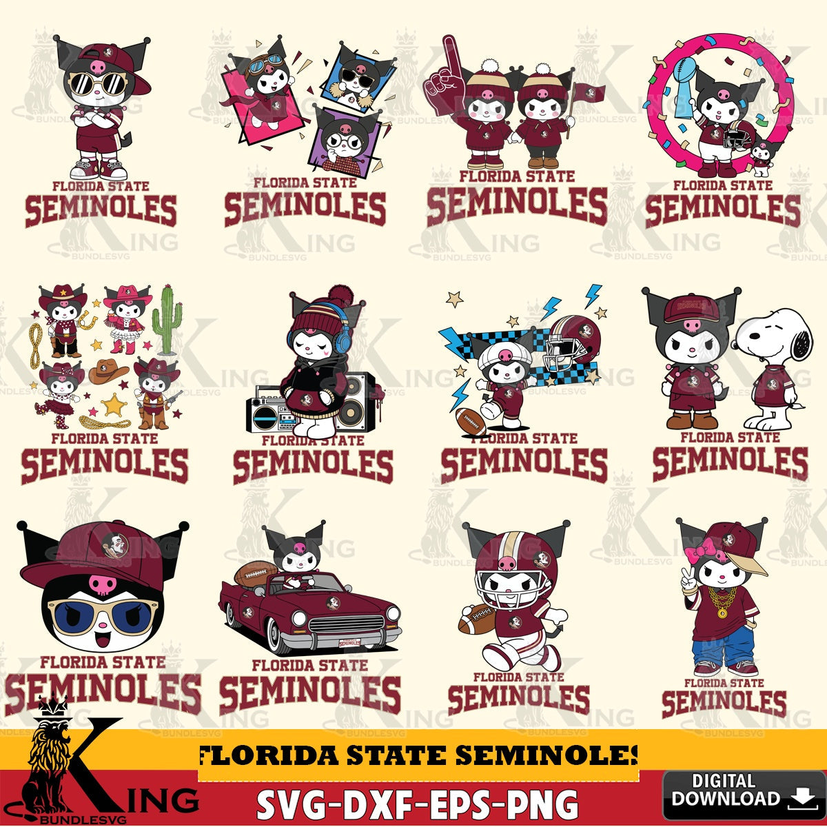Florida State Seminoles Kuromi Football Jersey NCAA Bundle SVG file, Cricut, Cut file , Digital Download , Instant Download, Sanrio svg, Clipart