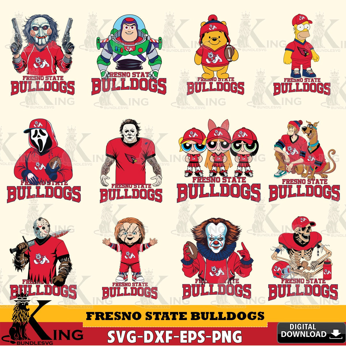 Ultimate set containing Fresno State Bulldogs cartoon football NCAA bundle SVG cut file for personalized gifts and laser projects