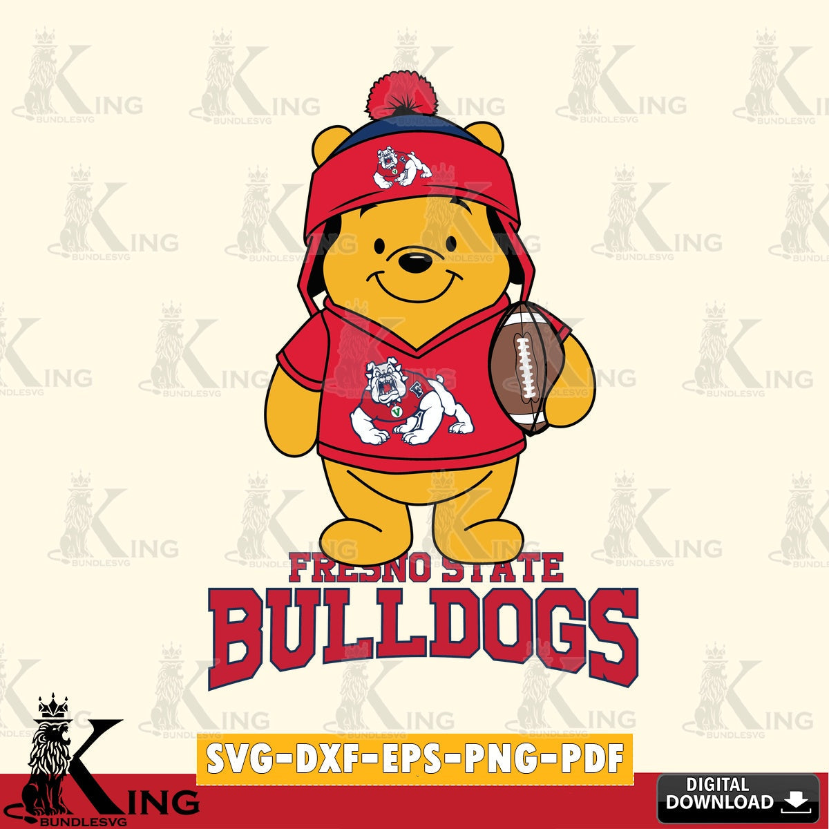 Unique artwork depicting Fresno State Bulldogs Winnie the Pooh player Football SVG PNG design suitable for Glowforge and laser