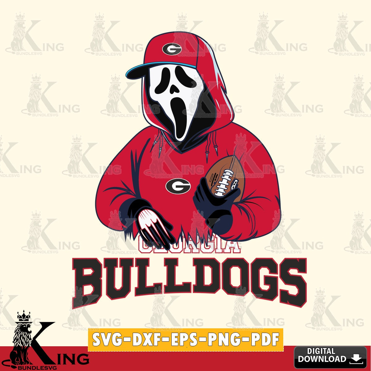 Detailed illustration of Georgia Bulldogs Ghostface Scream football player, NCAA, vector art for engraving, cutting, and printing