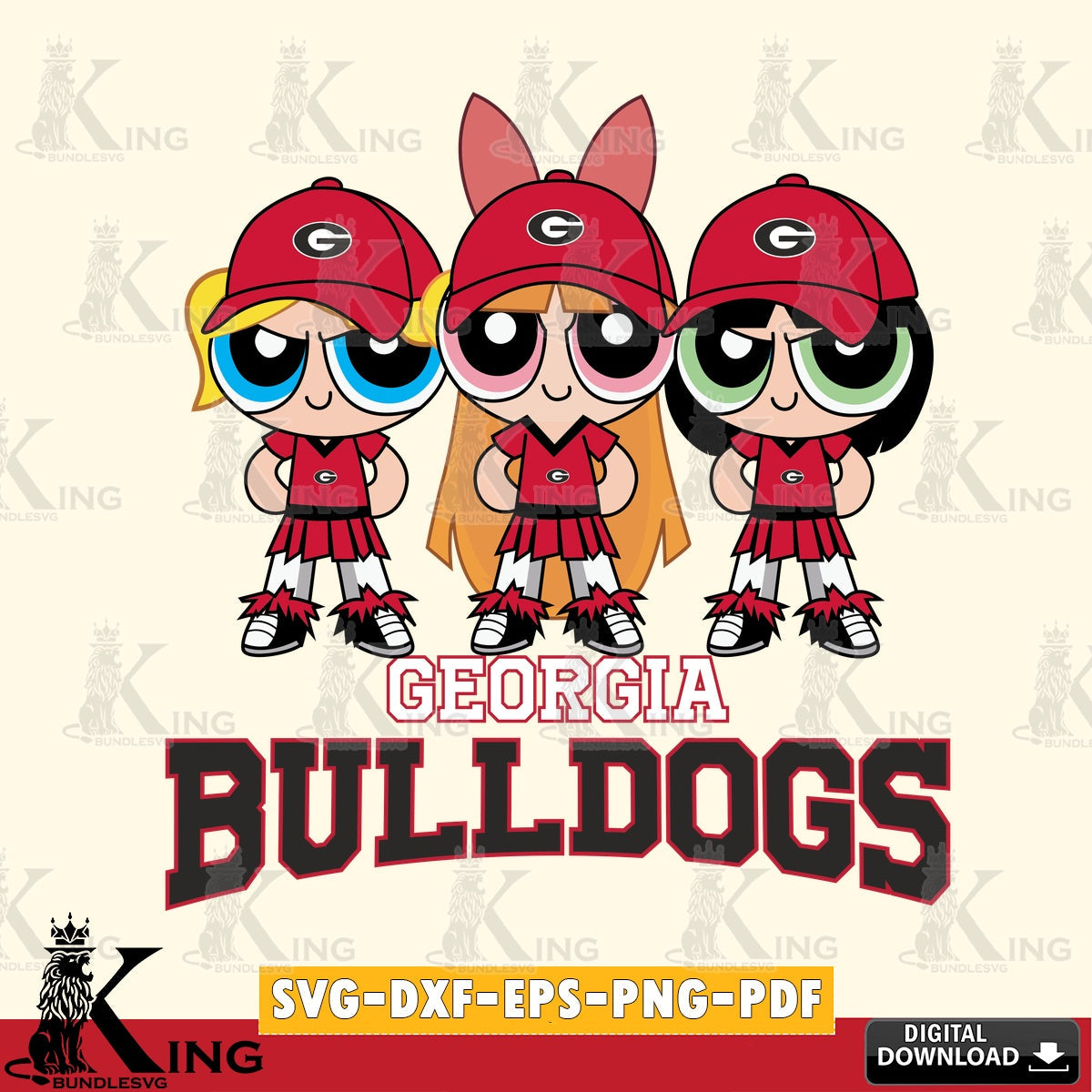 High-quality graphic of Georgia Bulldogs PowerPuff Girls Football, a digital download for Cricut Maker and paper crafts