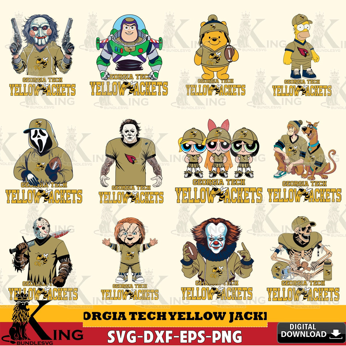 Jumbo collection of Georgia Tech Yellow Jackets cartoon football NCAA bundle digital clipart compatible with laser engraving and