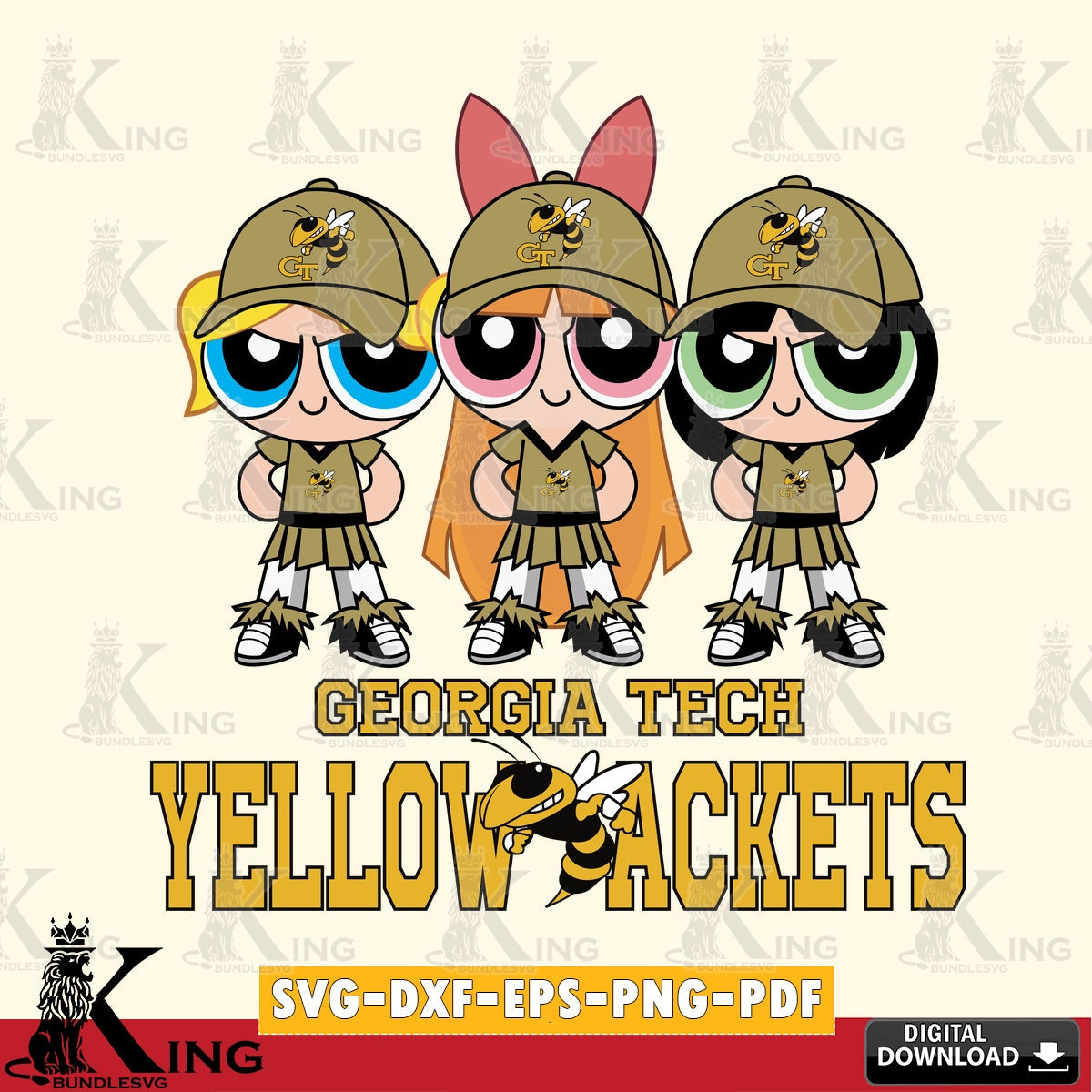 Stylish representation of Georgia Tech Yellow Jackets PowerPuff Girls football, digital download for Cricut Maker and paper crafts