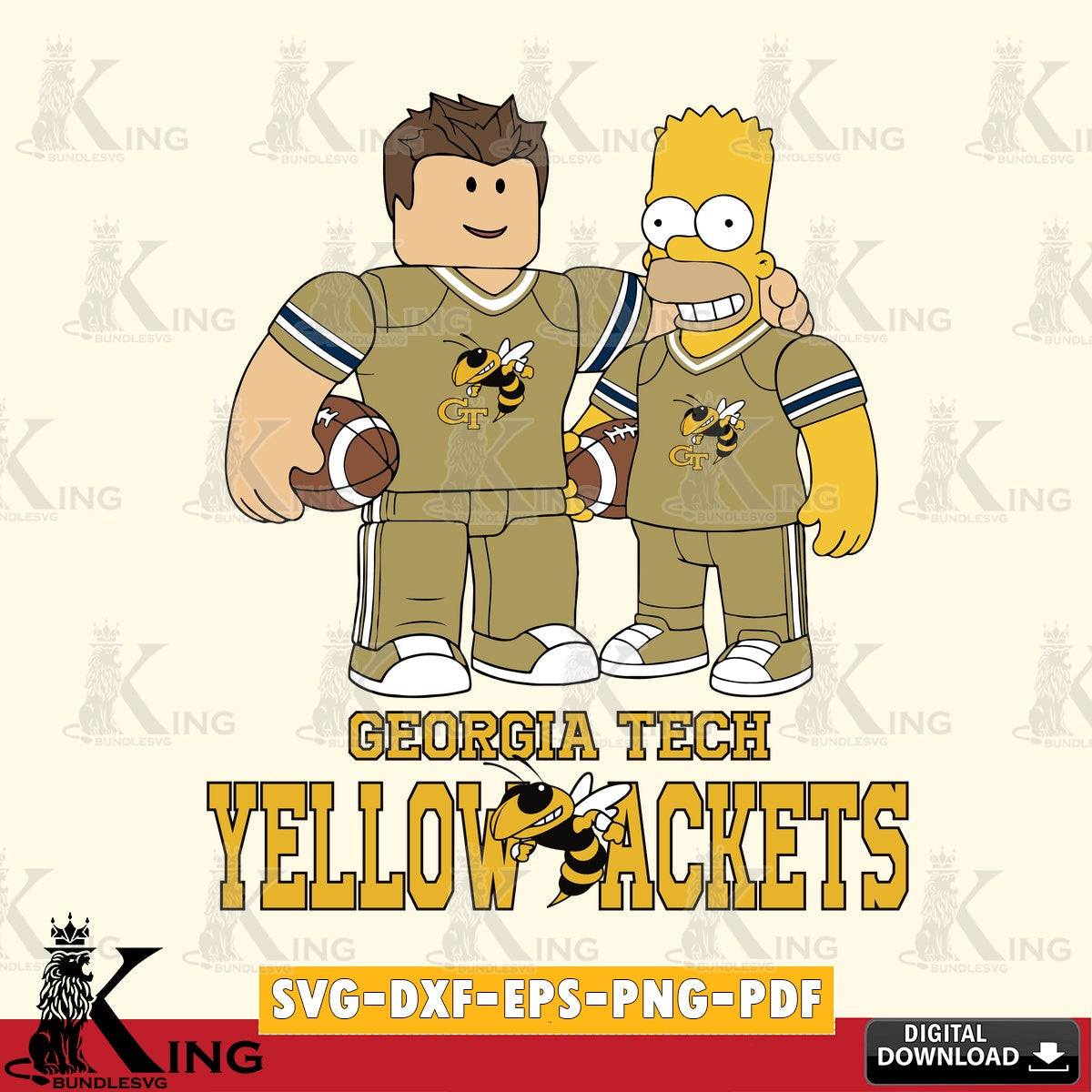 Artistic drawing of Georgia Tech Yellow Jackets Roblox Homer Simpson football, digital download for Cricut Maker and paper crafts