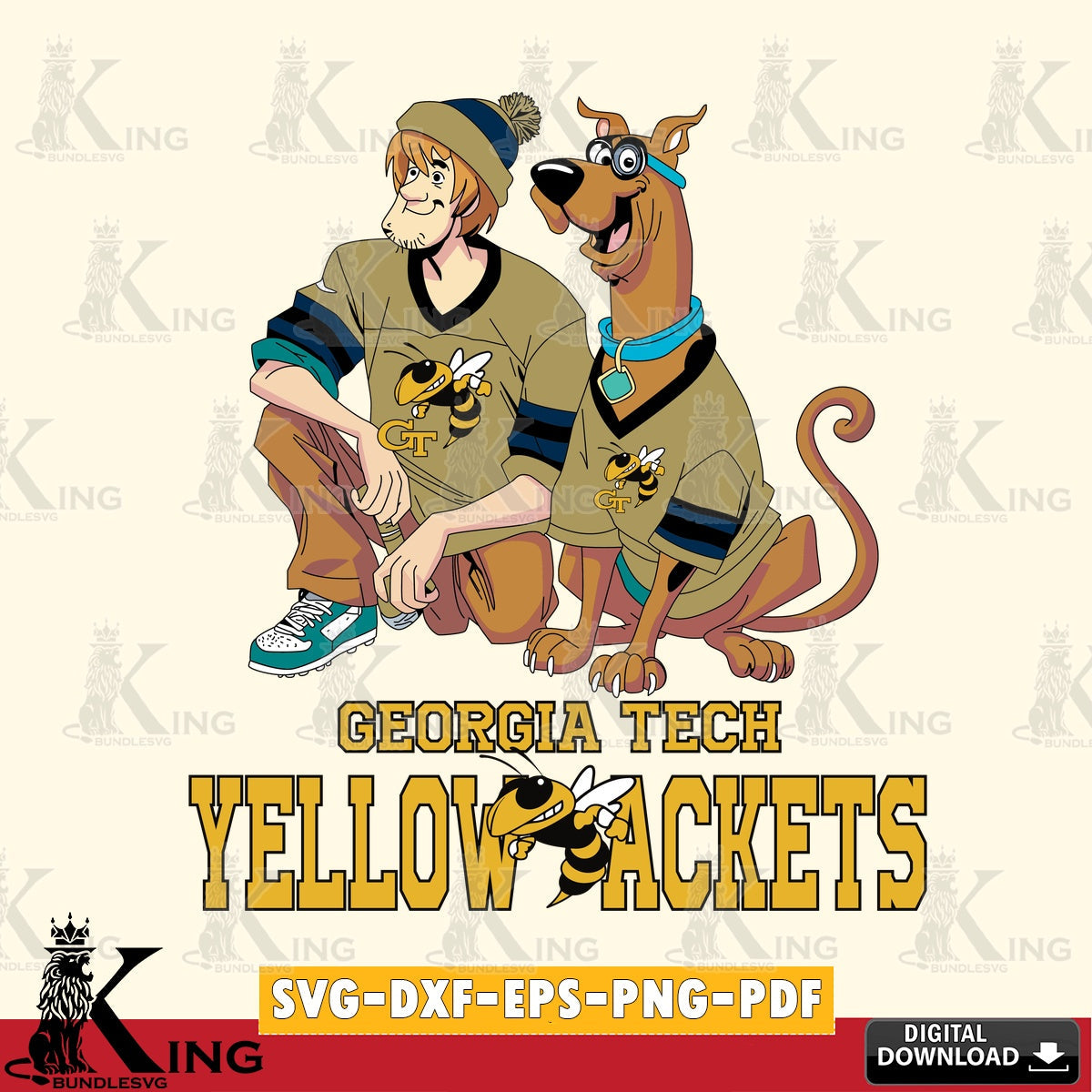 Stylish representation of Georgia Tech Yellow Jackets Shaggy and Scooby Doo football, digital clipart compatible with laser
