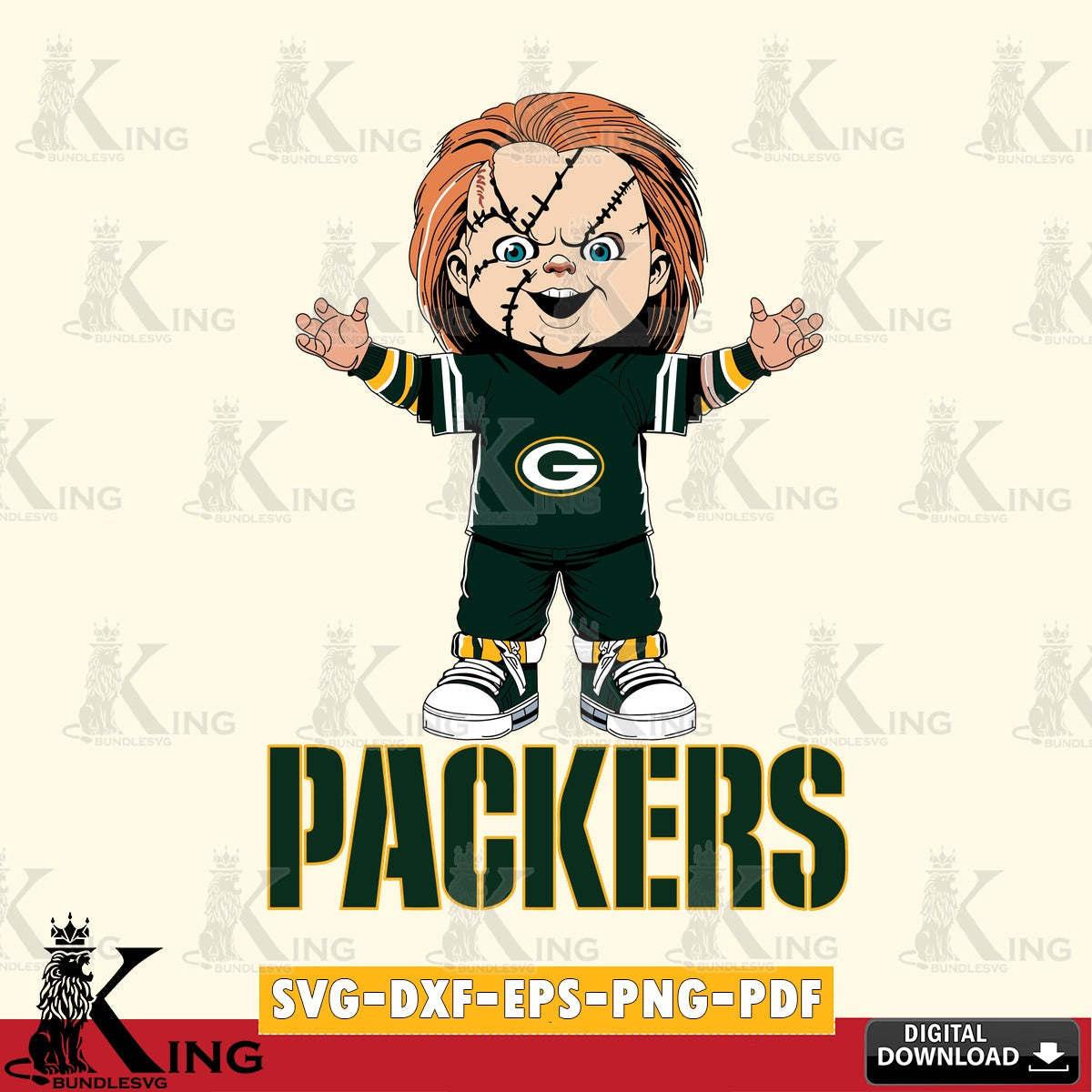 Exclusive set of Green Bay Packers Chucky Football vector art for engraving, cutting, and printing