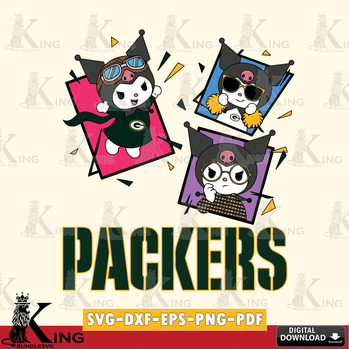 Green Bay Packers Kuromi Action Football SVG file, Cricut, Cut file , Digital Download , Instant Download, Sanrio svg, Clipart