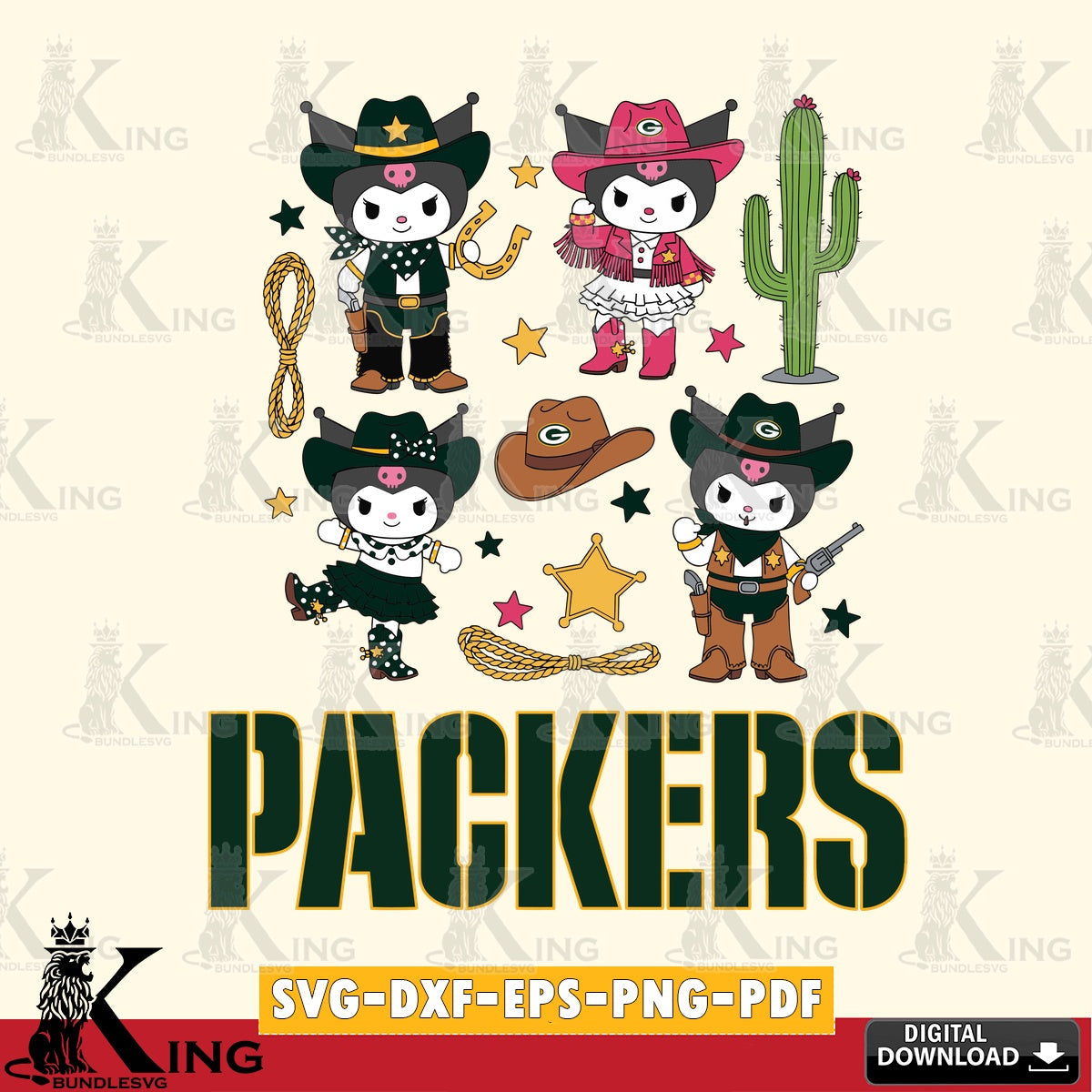 Green Bay Packers Kuromi Cowboy Western SVG file, Cricut, Cut file , Digital Download , Instant Download, Sanrio svg, Clipart