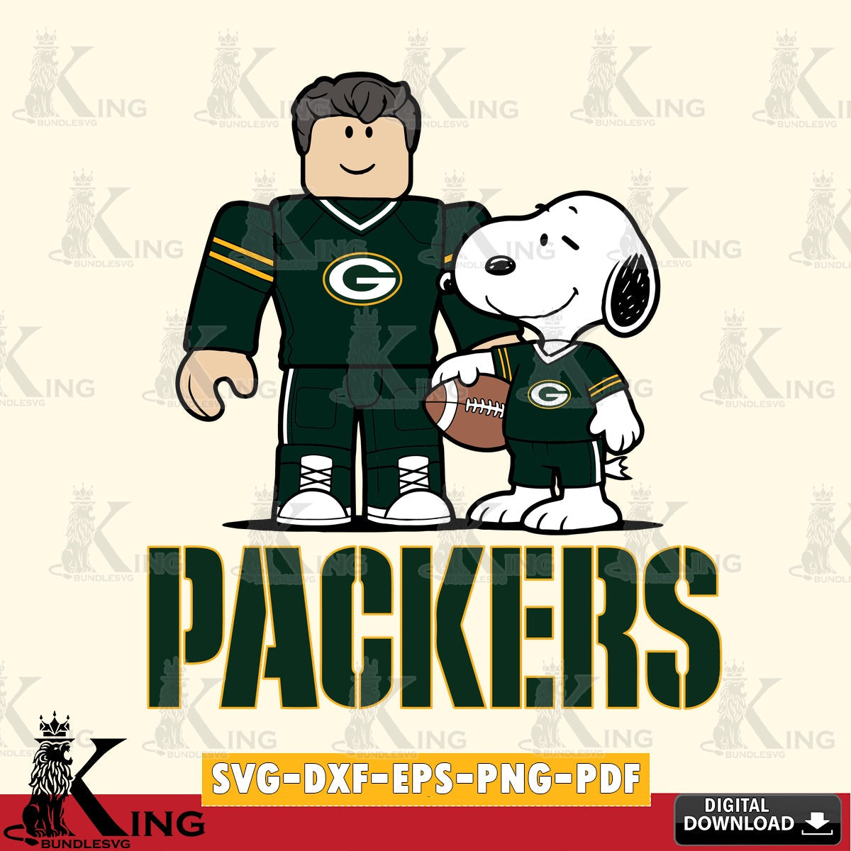 Premium pack containing Green Bay Packers Roblox & Snoopy Football NFL cut SVG PNG files perfect for Cricut and Silhouette cutting