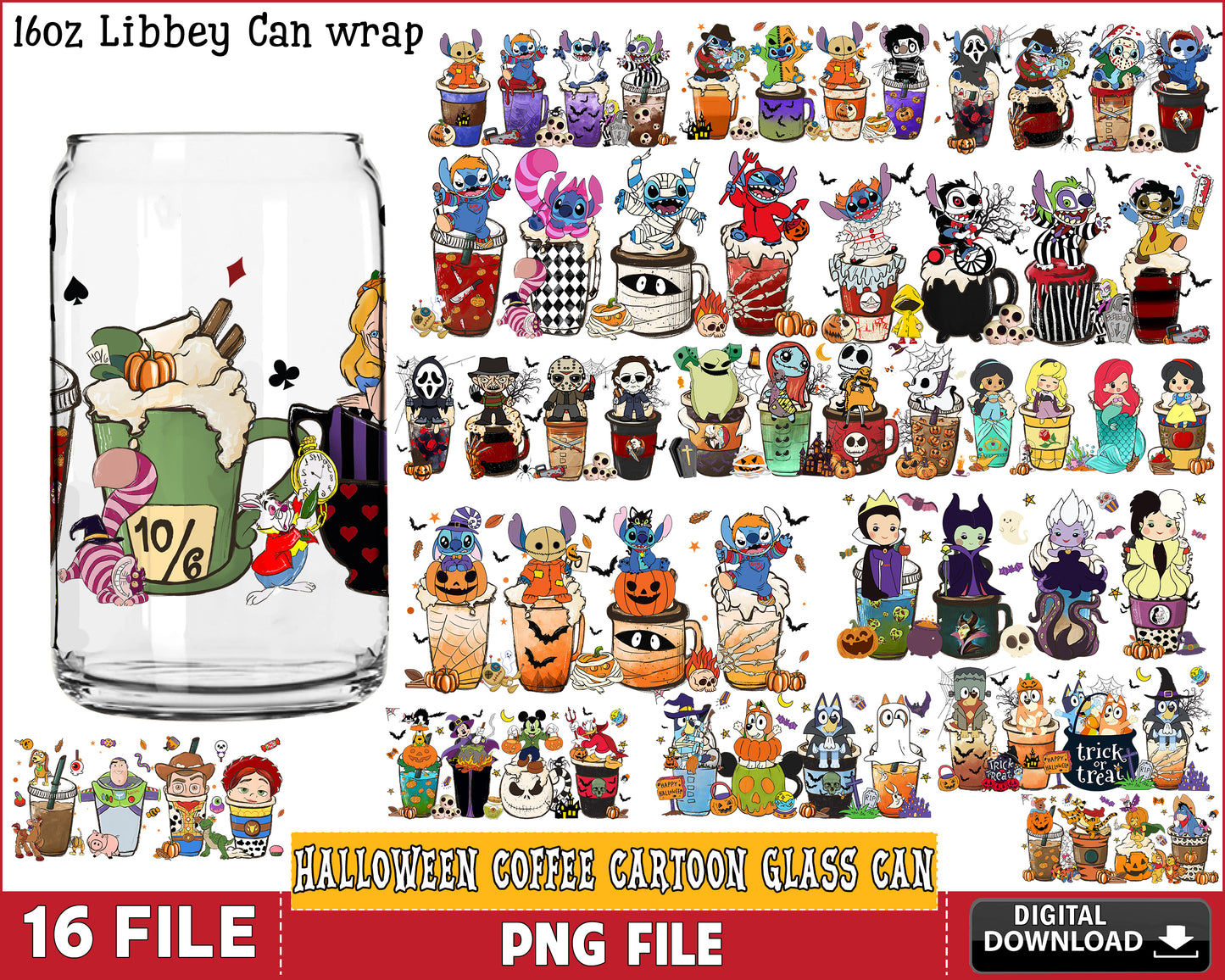 Halloween Coffee Cartoon 16oz Can Glass bundle PNG, Halloween Coffee Cartoon Glass Can PNG Silhouette, digital download , Instant Download