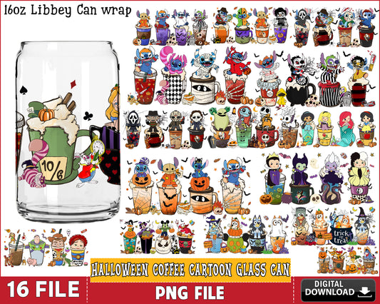 Halloween Coffee Cartoon 16oz Can Glass bundle PNG, Halloween Coffee Cartoon  Glass Can PNG Silhouette, digital download , Instant Download