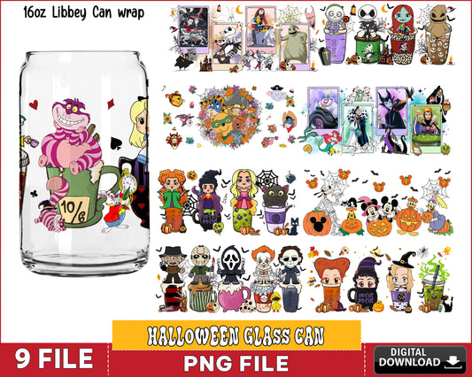 Halloween Glass Can Wrap Bundle Png, Halloween cartoon bundle png ,Silhouette, Digital Download , Instant Download
