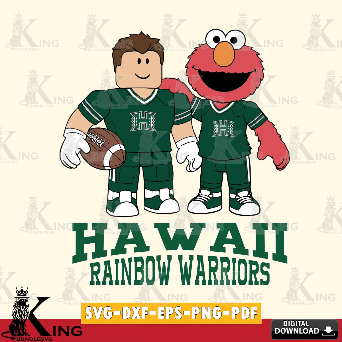 Modern graphic depicting Hawaii Rainbow Warriors Roblox and Elmo football, a digital download for Cricut Maker and paper crafts.
