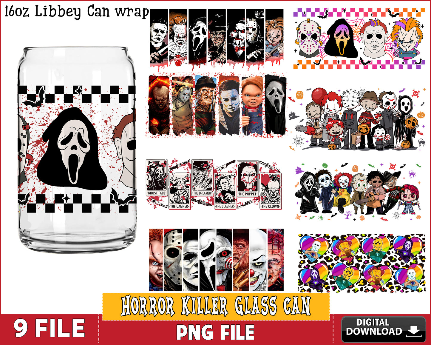 Horror Killer 16oz Libbey Can Glass Bundle PNG, Horror 16oz Glass Can Wrap,, Halloween Coffee Cartoon Glass Can PNG Silhouette, digital download , Instant Download
