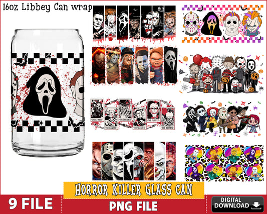 Horror Killer 16oz Libbey Can Glass Bundle PNG, Horror 16oz Glass Can Wrap,, Halloween Coffee Cartoon  Glass Can PNG Silhouette, digital download , Instant Download