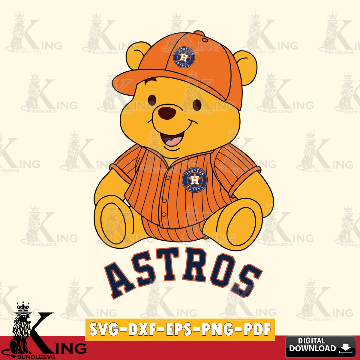 Artistic drawing of Houston Astros Winnie the Pooh cute baseball SVG cut file for personalized gifts and laser projects