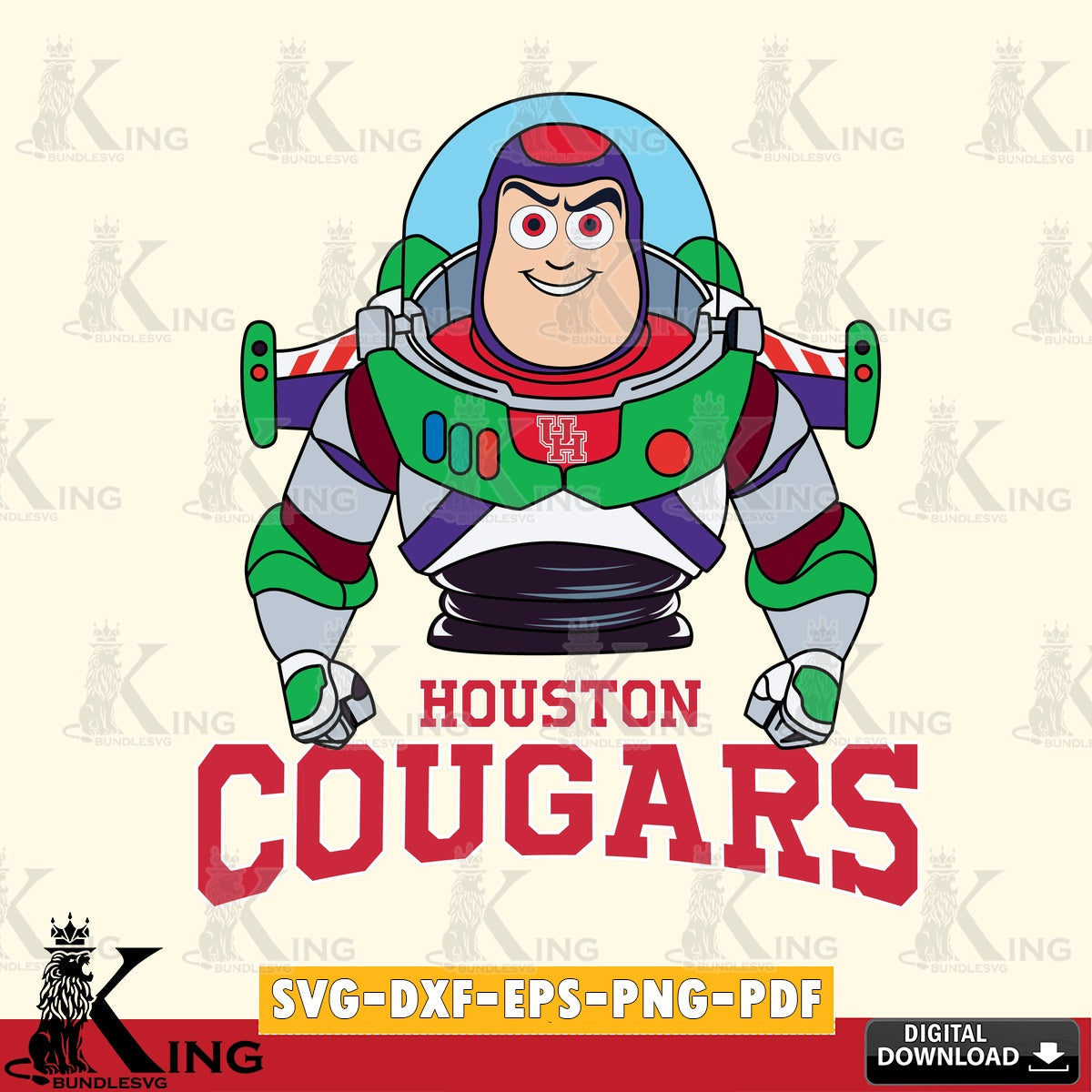 Custom design featuring Houston Cougars Buzz Lightyear football, NCAA, digital clipart compatible with laser engraving and cutting