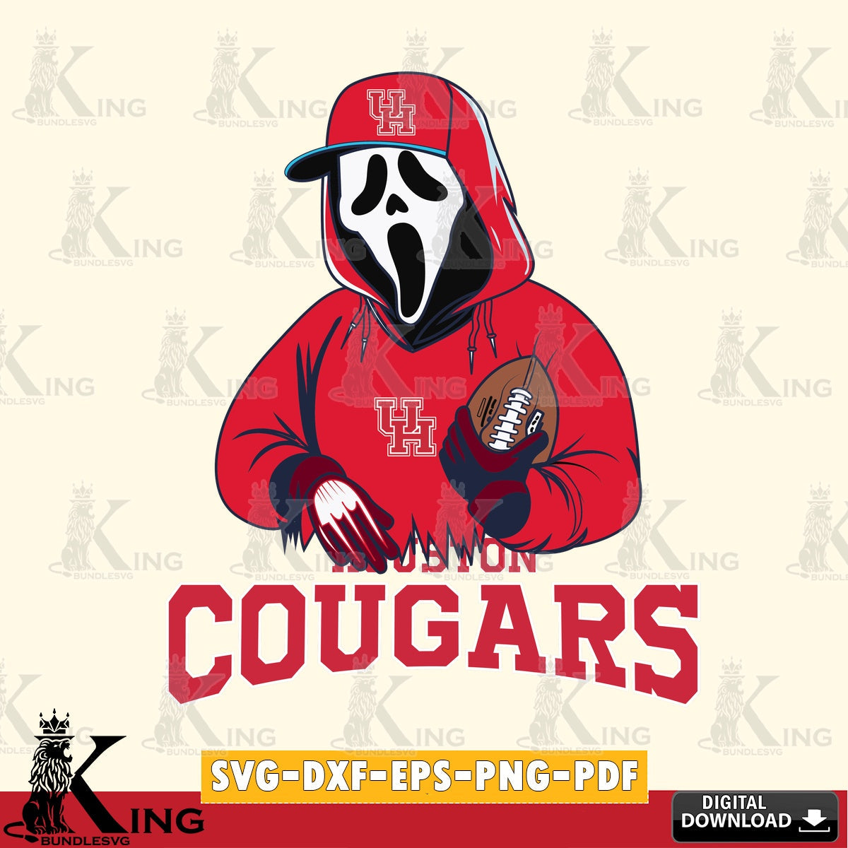 Eye-catching graphic of a Houston Cougars Ghostface Scream football player, PNG clipart for sublimation printing and graphic