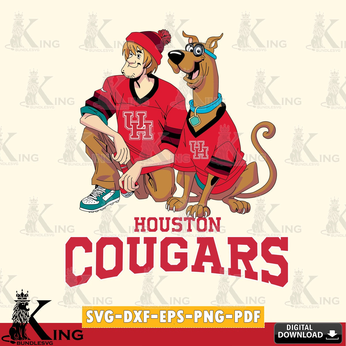 Printable art of Houston Cougars Shaggy and Scooby Doo football, NCAA PNG clipart for sublimation printing and graphic design
