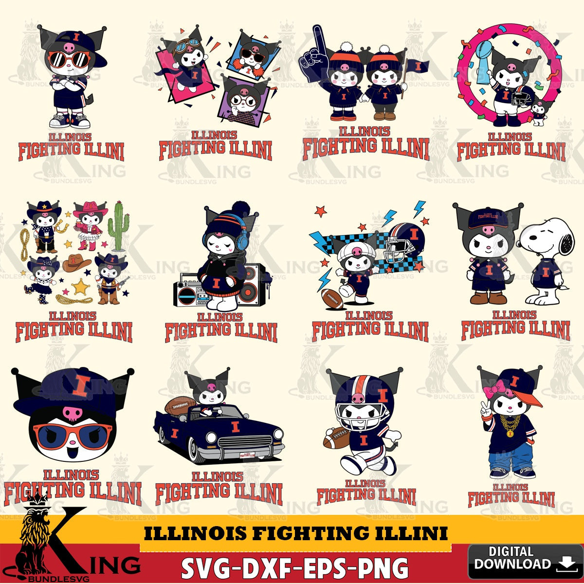 Illinois Fighting Illini Kuromi Football Jersey NCAA Bundle SVG file, Cricut, Cut file , Digital Download , Instant Download, Sanrio svg, Clipart