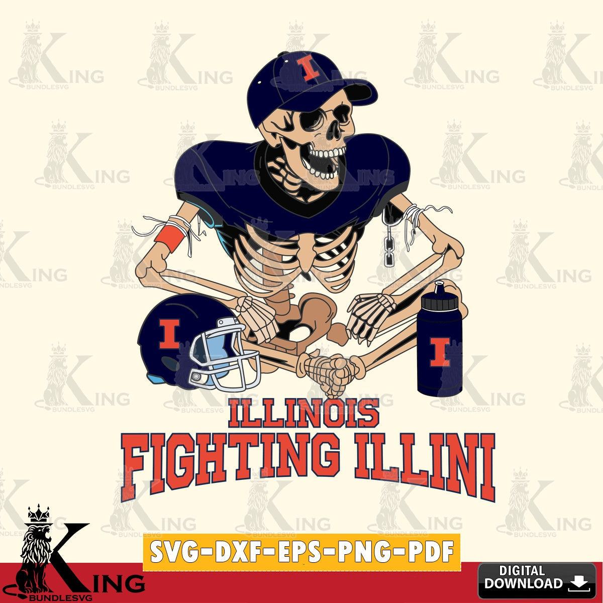 Custom design featuring Illinois Fighting Illini skeleton player football SVG PNG files perfect for Cricut and Silhouette cutting