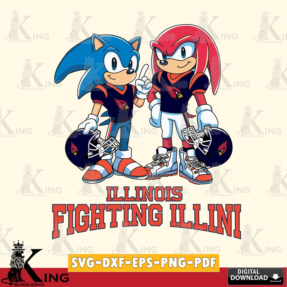 Artistic drawing of Illinois Fighting Illini Sonic and Knuckles football, digital download for Cricut Maker and paper crafts.