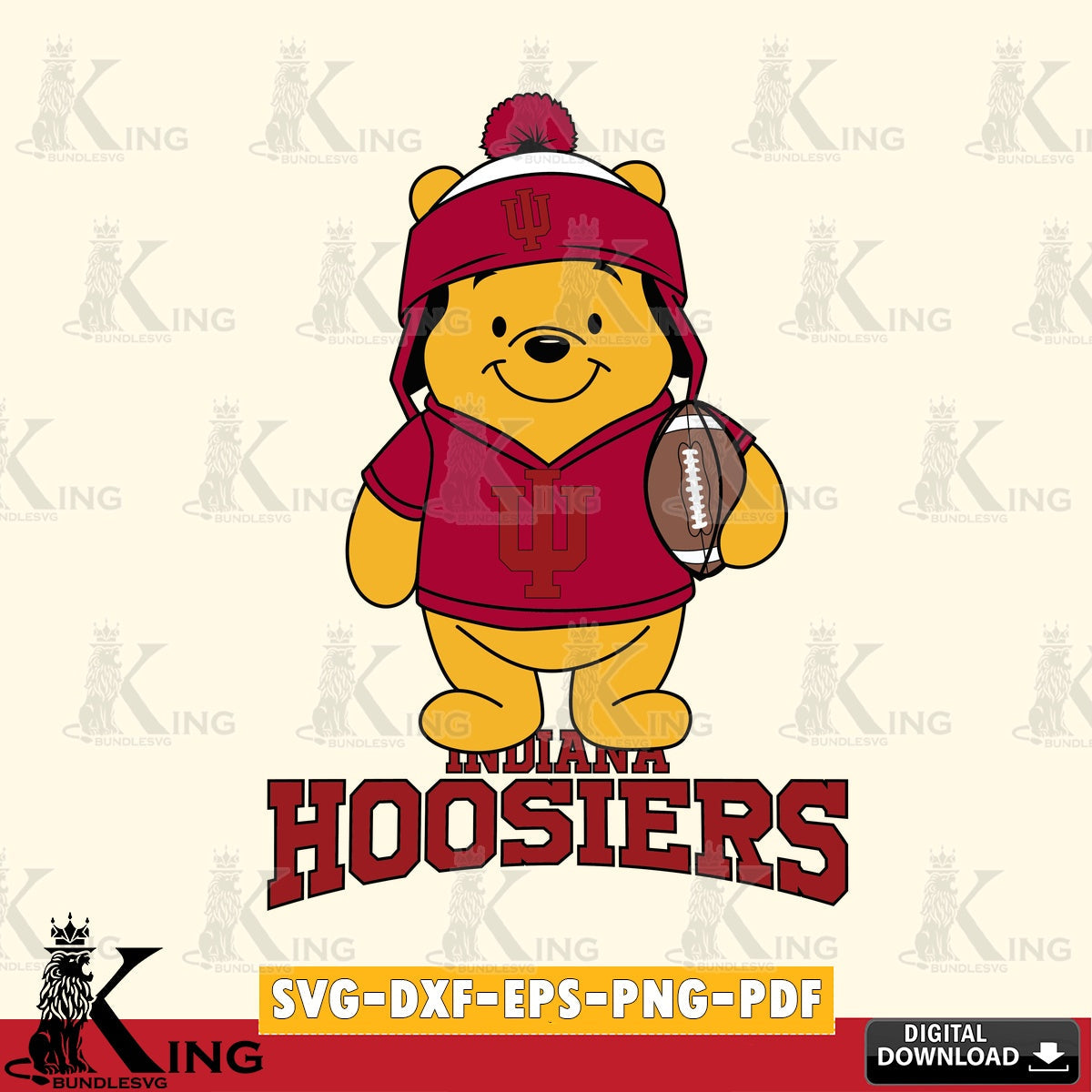 Beautiful illustration of an Indiana Hoosiers Winnie the Pooh football player, crafting file for iron-on transfer and vinyl