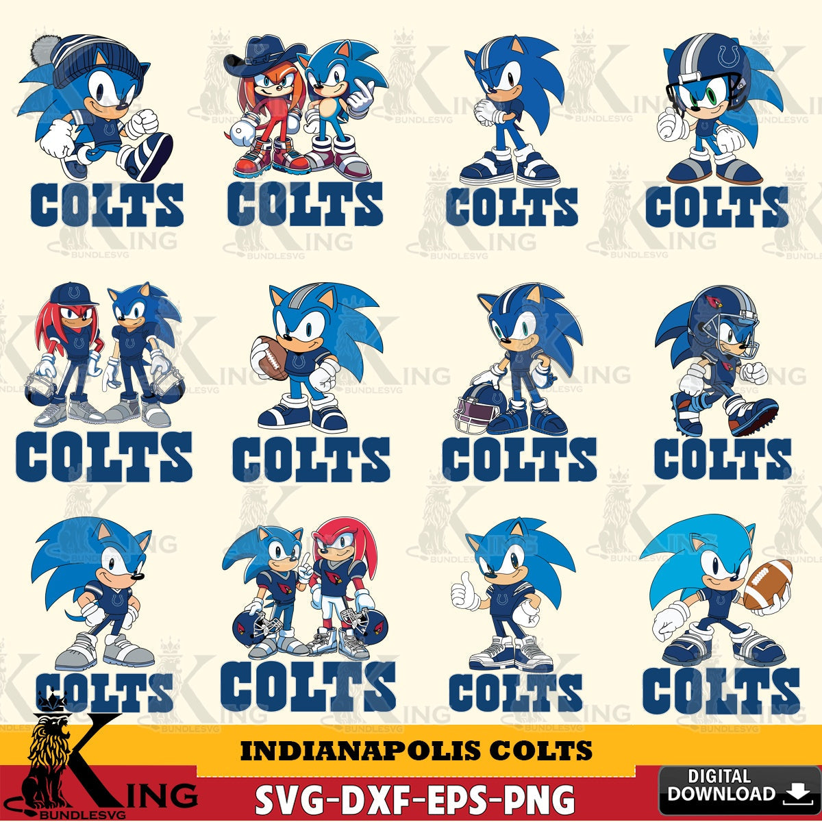 Giant set featuring Indianapolis Colts Sonic & Knuckles NFL Football Bundle PNG clipart for sublimation printing and graphic
