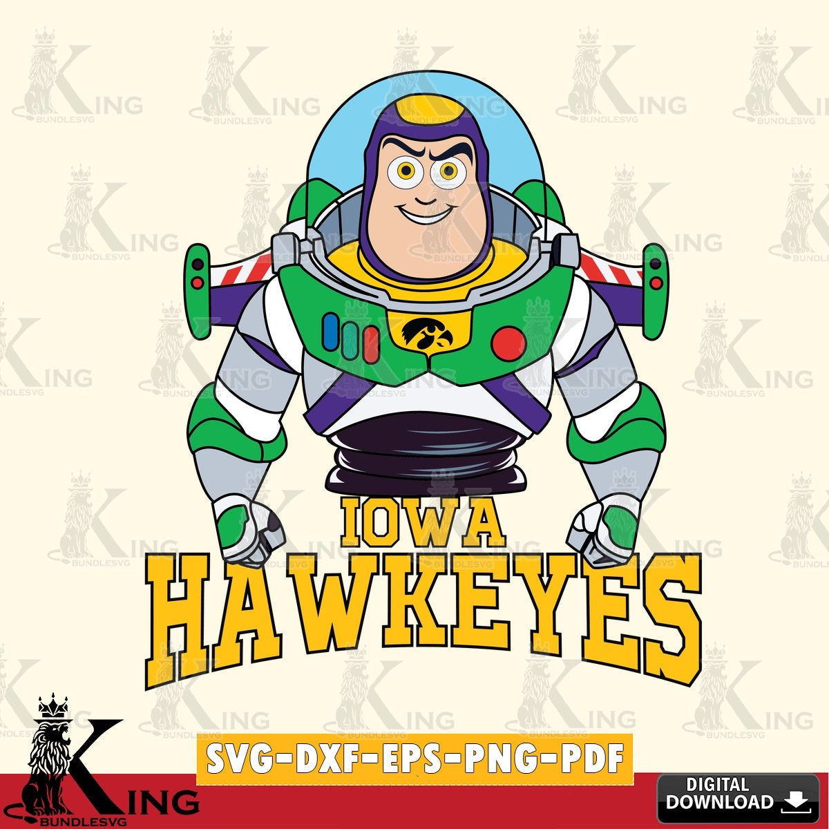 Custom design featuring Iowa Hawkeyes Buzz Lightyear football, a digital download for Cricut Maker and paper crafts.
