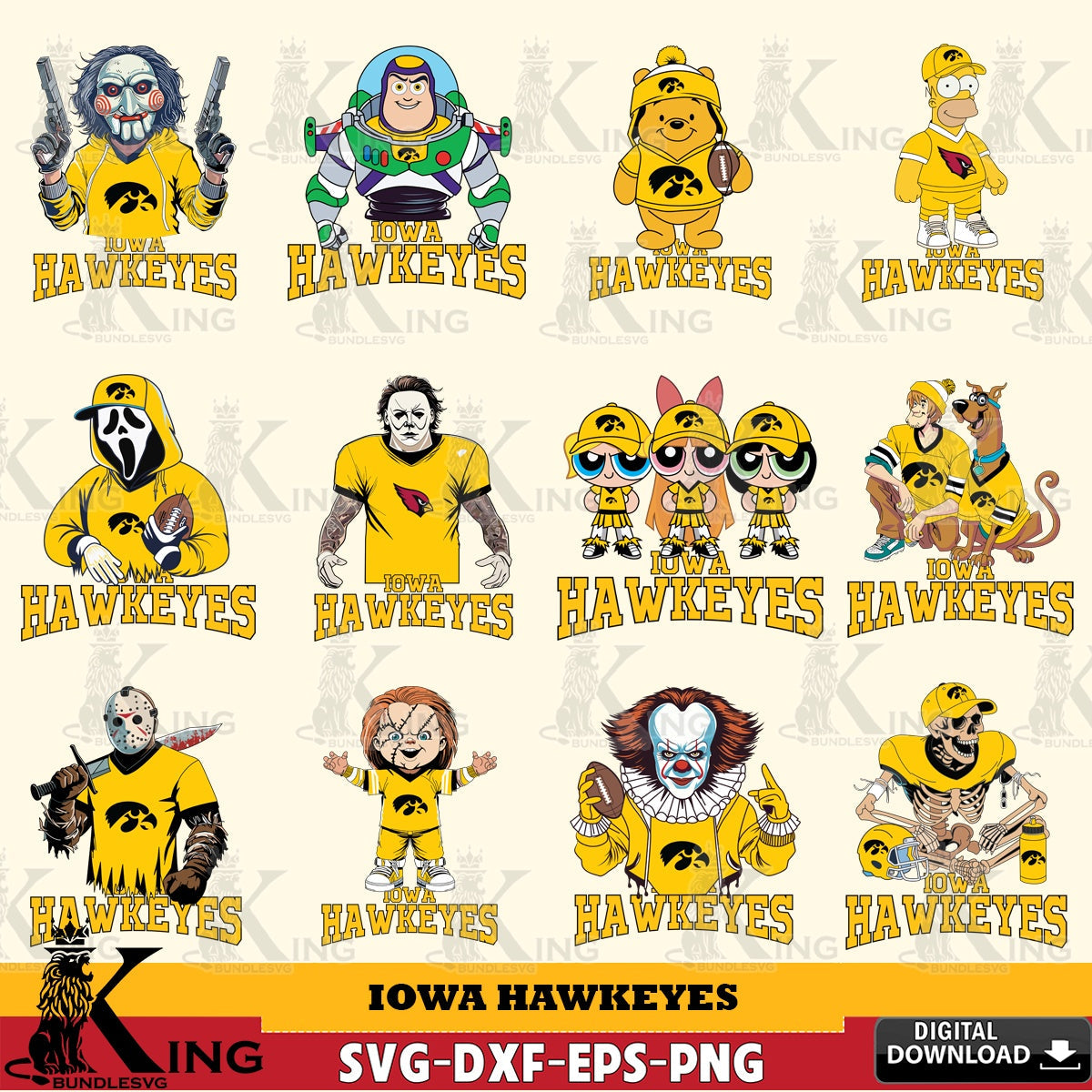 Ultimate set containing Iowa Hawkeyes cartoon football NCAA bundle, a high-quality vector for DIY scrapbooking and home decor.