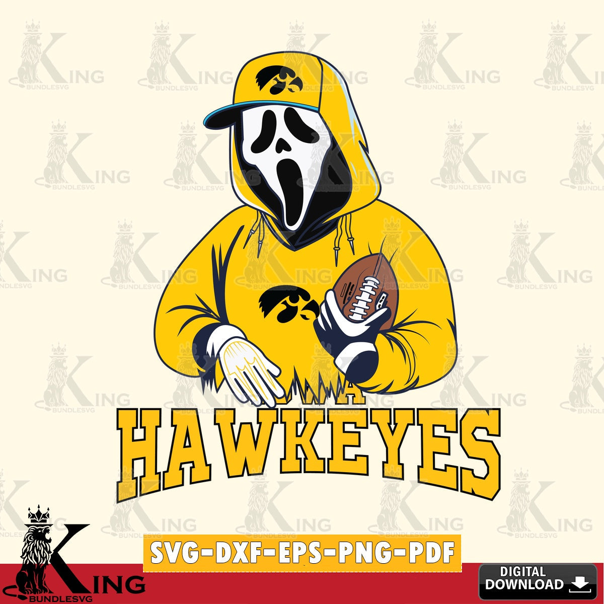 Detailed illustration of Iowa Hawkeyes Ghostface Scream football player, a vector illustration for POD merchandise and apparel