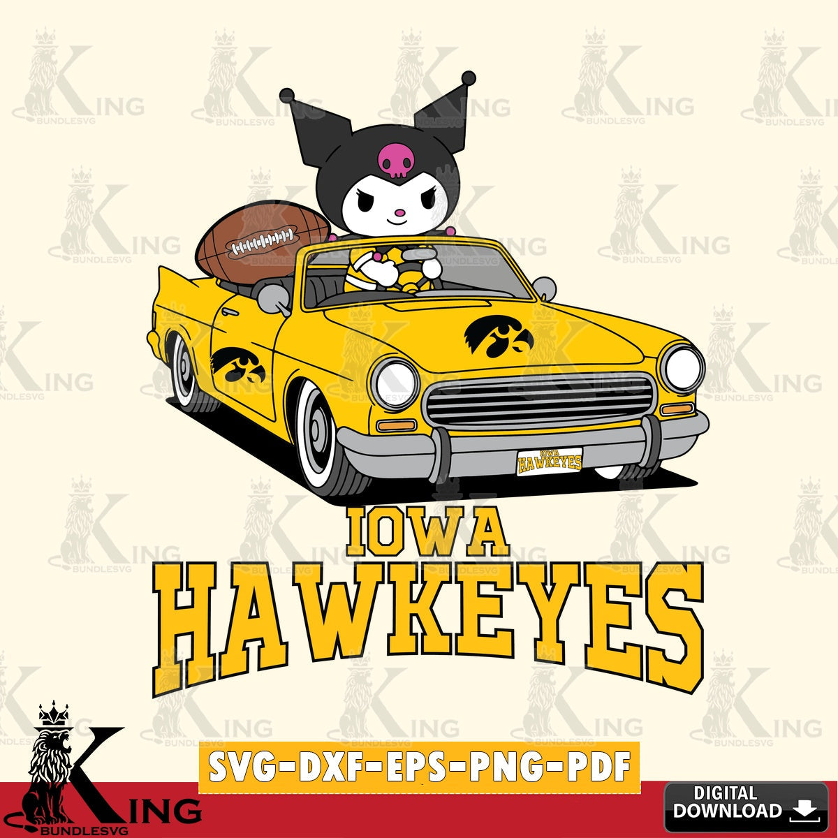 Iowa Hawkeyes Kuromi Car Football Game SVG file, Cricut, Cut file , Digital Download , Instant Download, Sanrio svg, Clipart