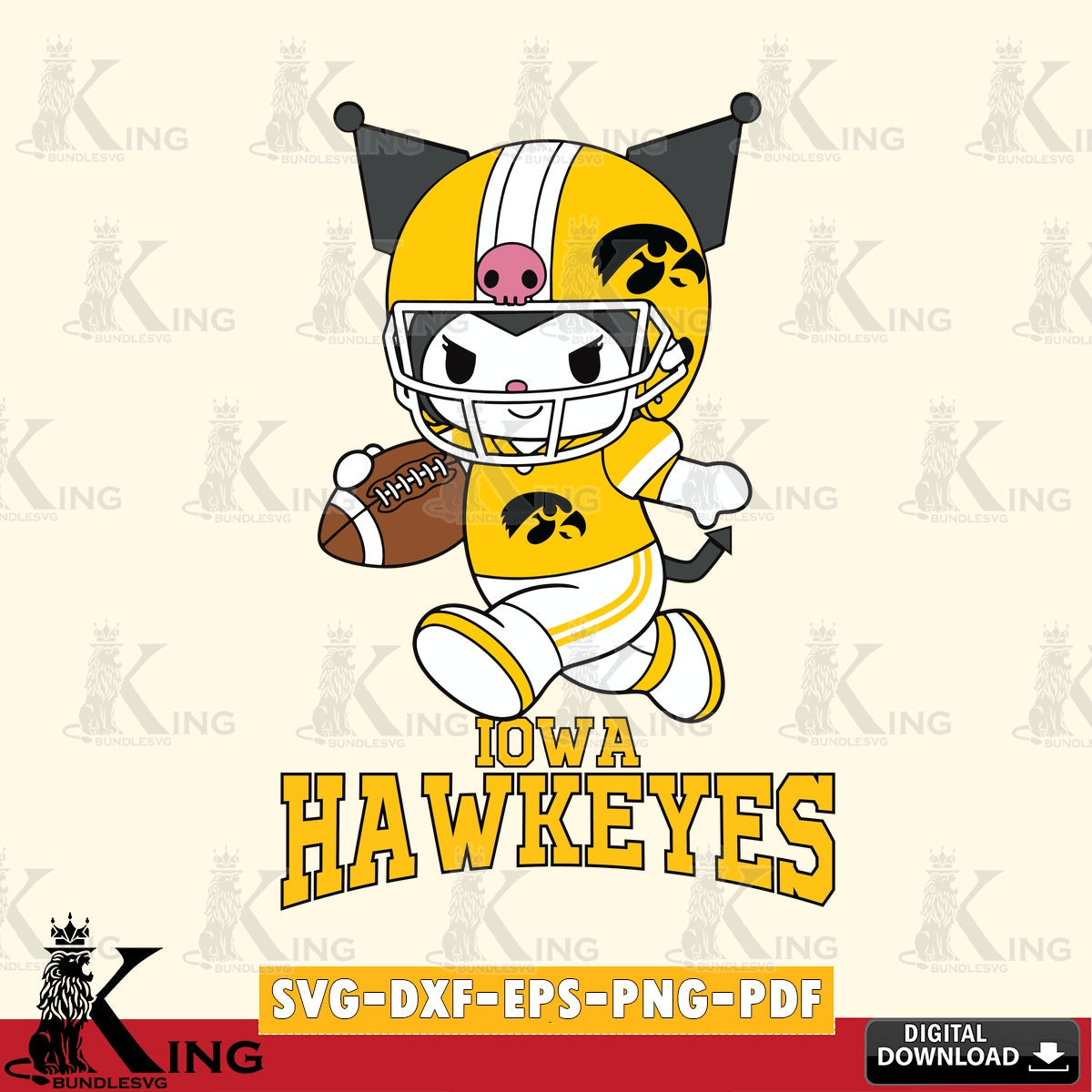 Iowa Hawkeyes Kuromi Football Run SVG file, Cricut, Cut file , Digital Download , Instant Download, Sanrio svg, Clipart