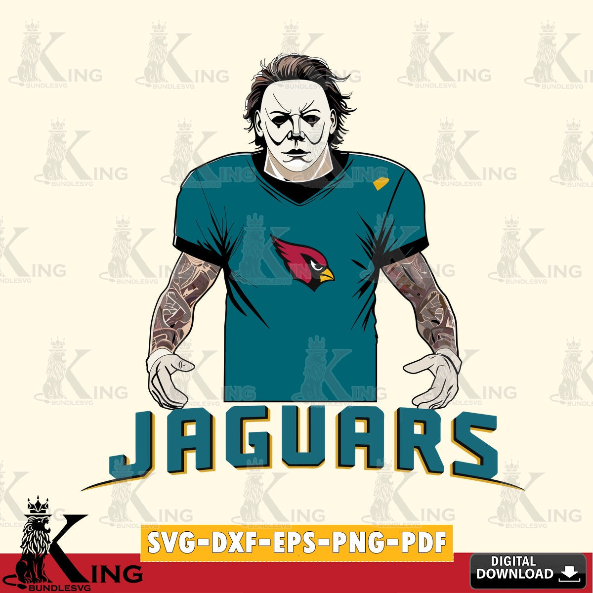 Modern graphic depicting Jacksonville Jaguars Michael Myers tattoo football, vector illustration for POD merchandise and apparel