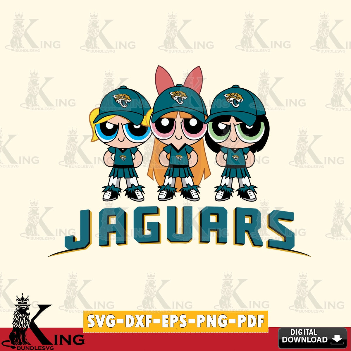 Unique artwork depicting Jacksonville Jaguars PowerPuff Girls football, vector art for engraving, cutting, and printing.