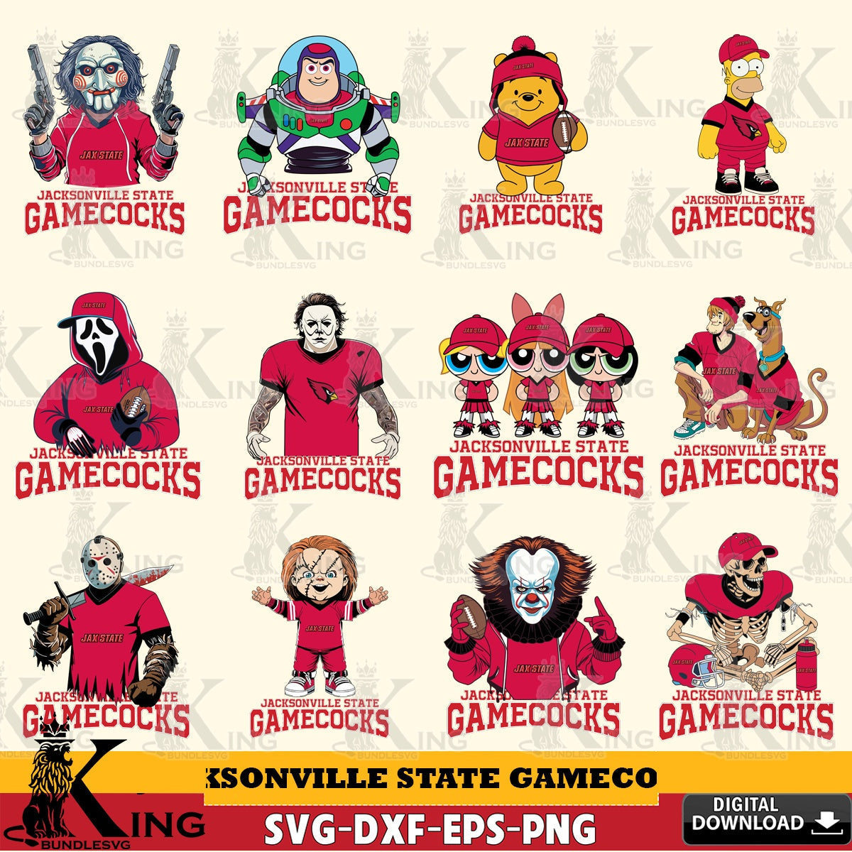 Comprehensive collection of Jacksonville State Gamecocks cartoon football NCAA bundle digital clipart compatible with laser
