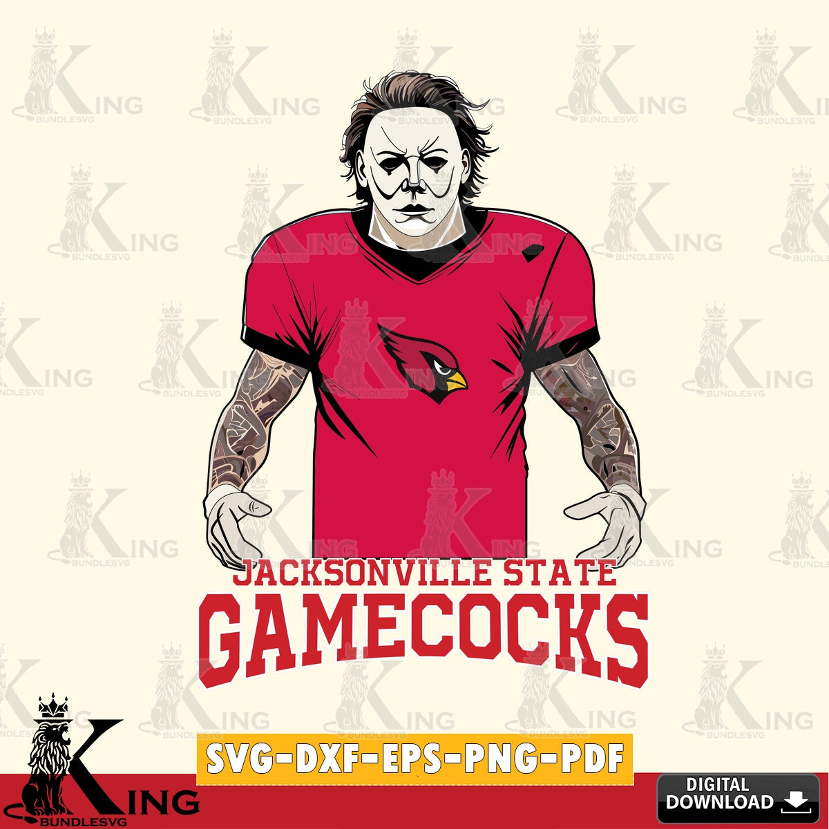 High-quality graphic of Jacksonville State Gamecocks Michael Myers Tattoo Football, NCAA SVG PNG design suitable for Glowforge