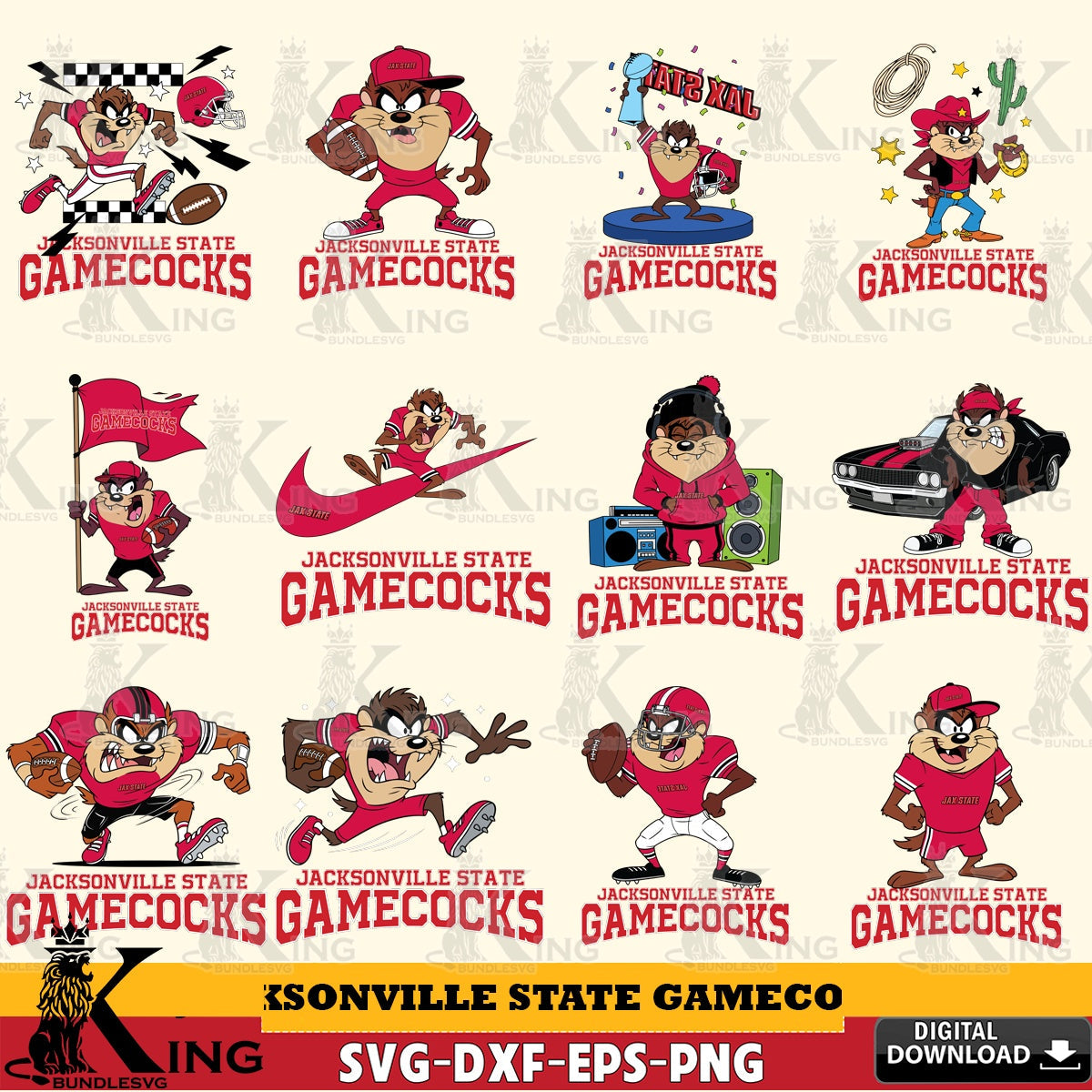 Jacksonville State Gamecocks Taz Football NCAA Bundle SVG file, Cut file , Digital Download , Instant Download, Taz svg, NCAA svg