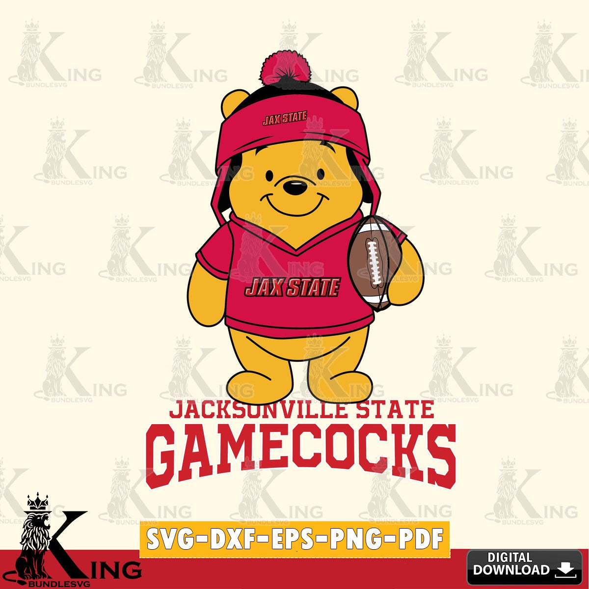 Modern graphic depicting Jacksonville State Gamecocks Winnie the Pooh player football PNG clipart for sublimation printing and