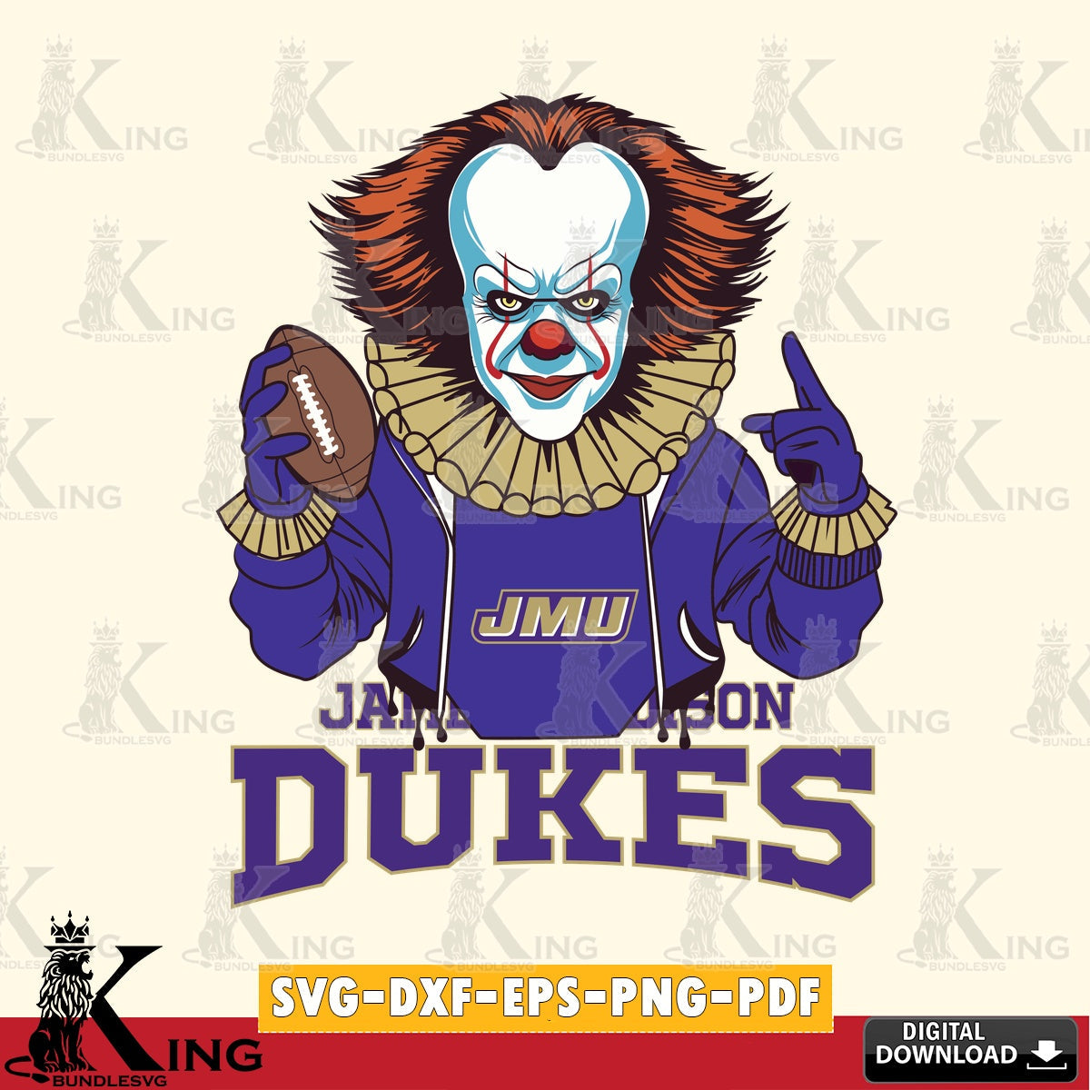Unique artwork depicting James Madison Dukes Pennywise player football, digital clipart compatible with laser engraving and