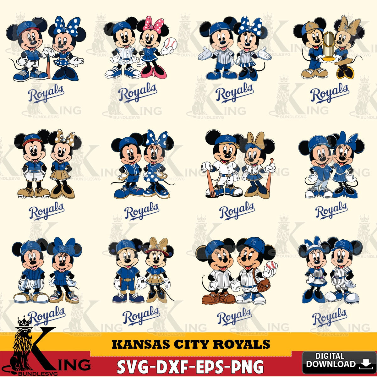 Kansas City Royals Mickey Minnie Baseball Player MLB Bundle SVG file , For Cricut, File cut , Digital Download , PDF File, Cut Files