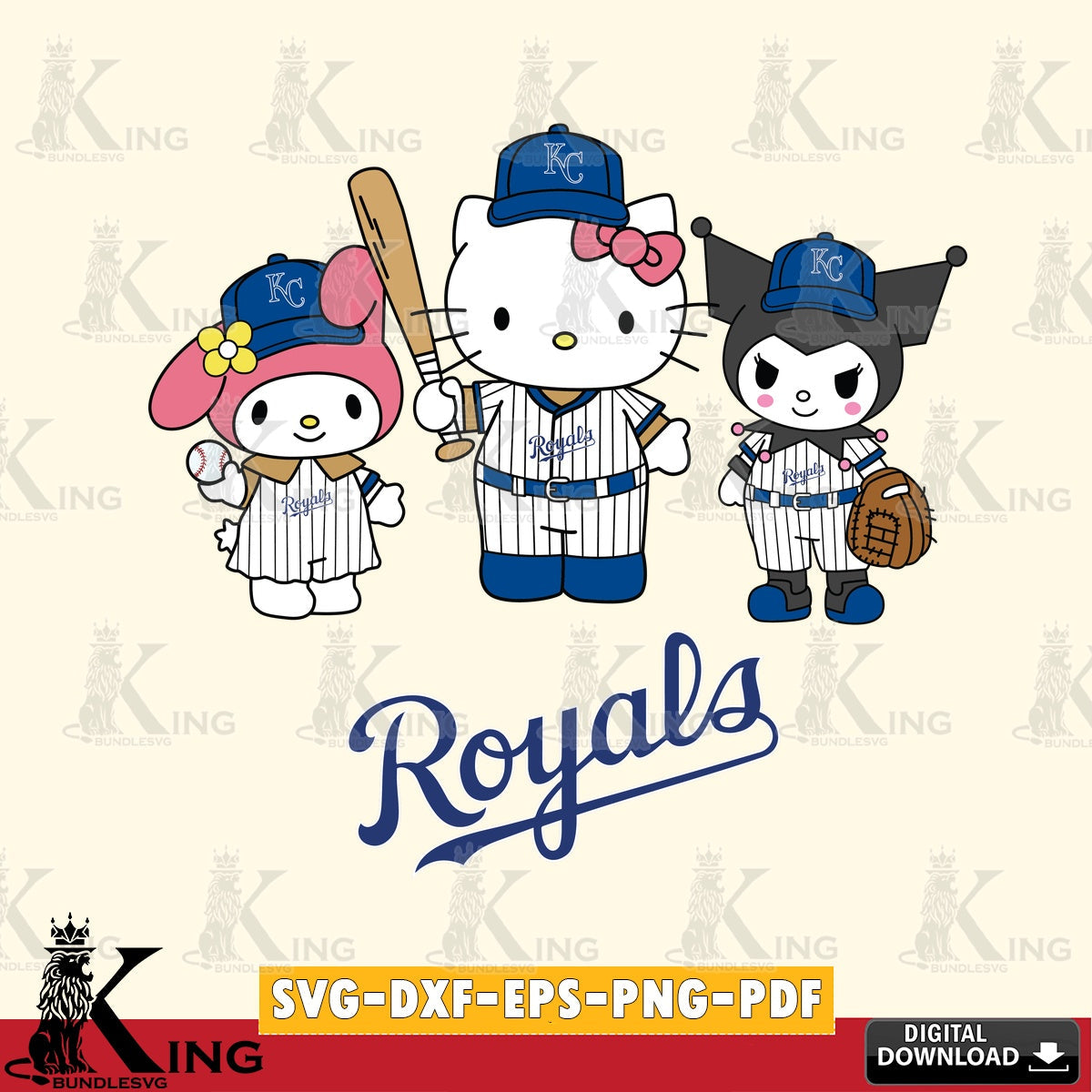 Jumbo collection of Kansas City Royals Squad, kitty Kuromi, and Melody digital clipart compatible with laser engraving and