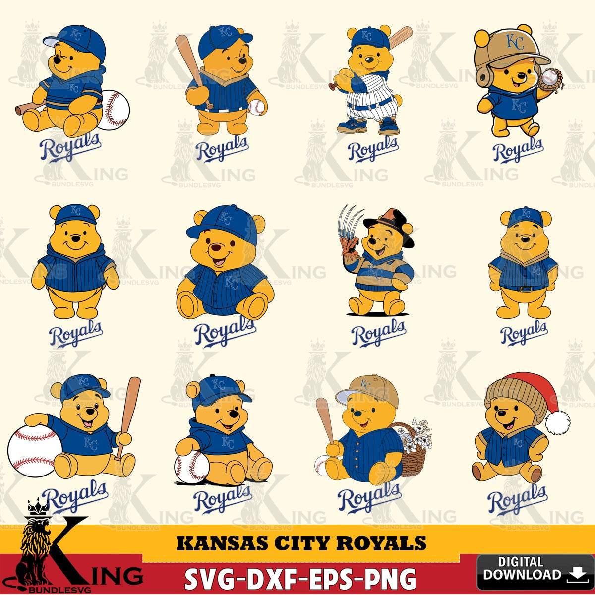 Jumbo collection of Kansas City Royals Winnie the Pooh baseball bundle, versatile clip art for stickers, decals, and mugs.