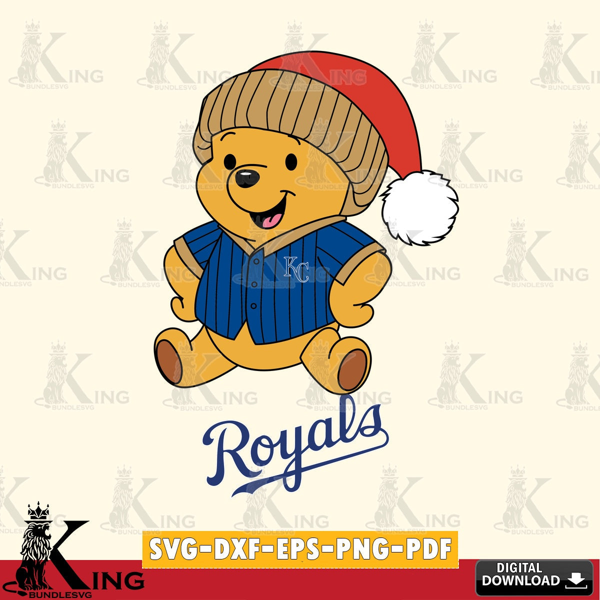 Artistic drawing of Kansas City Royals Winnie the Pooh playing ball as a printable vector design for sublimation and crafts