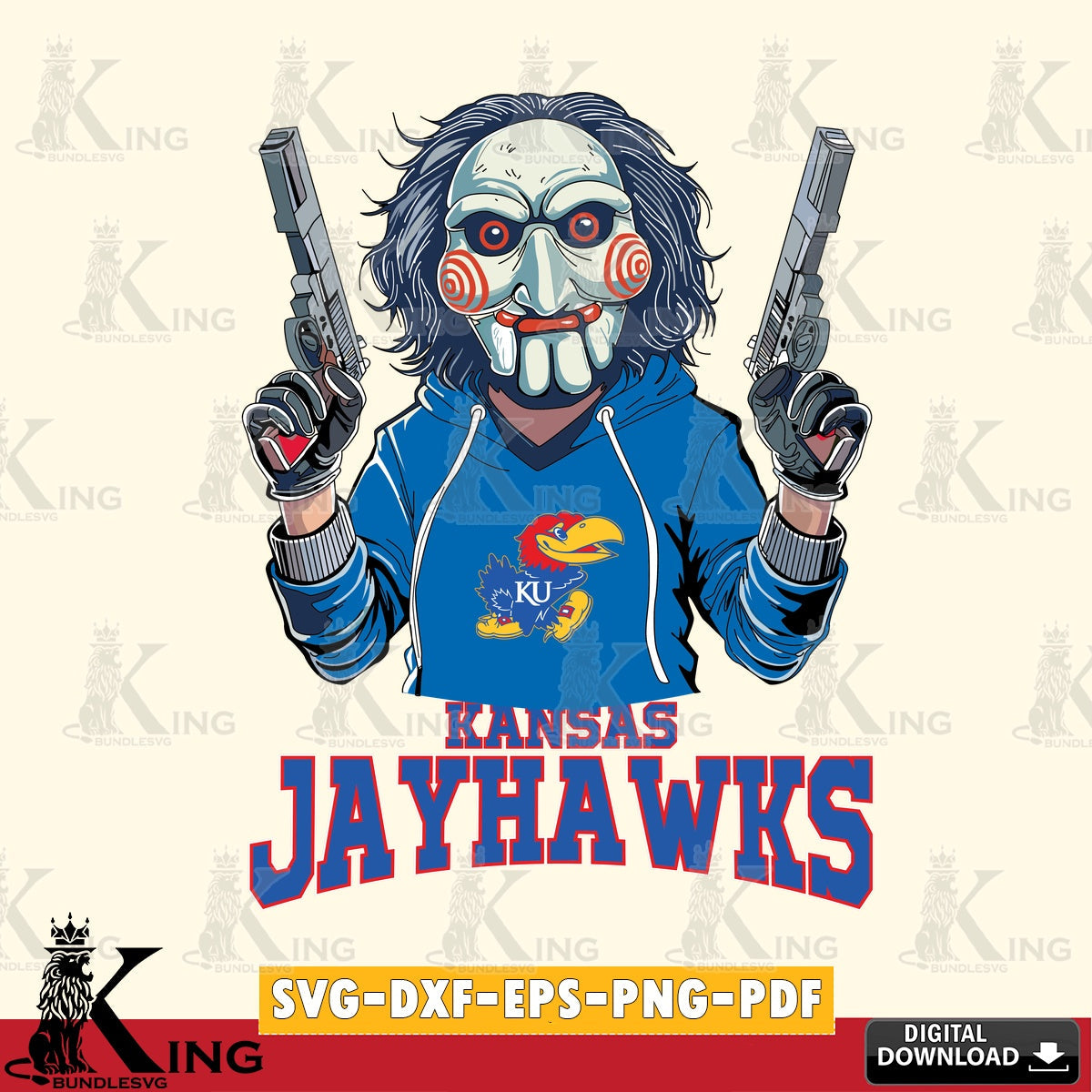 Digital download featuring a Kansas Jayhawks Jigsaw Billy Football cut file ideal for vinyl projects and T-shirt printing.
