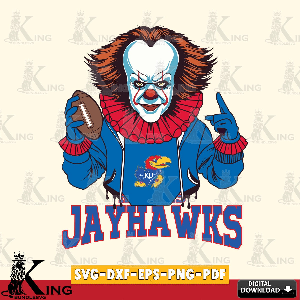 Eye-catching graphic of Kansas Jayhawks Pennywise football player, NCAA, vector art for engraving, cutting, and printing.
