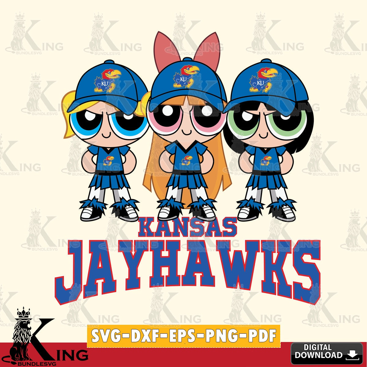 Unique artwork depicting Kansas Jayhawks PowerPuff Girls football, cut file ideal for vinyl projects and T-shirt printing