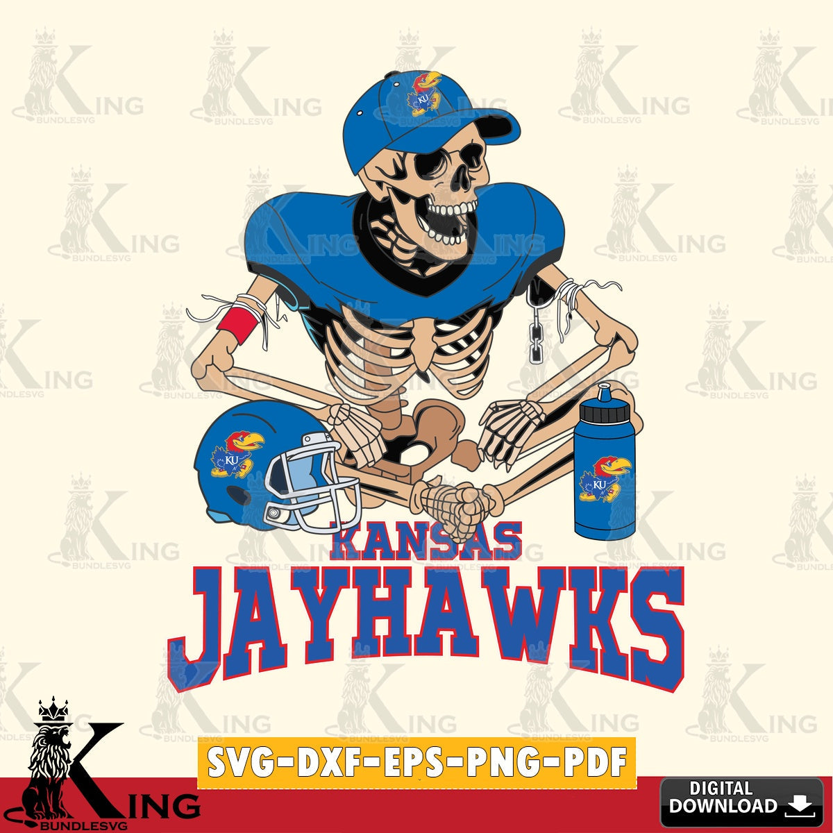 Vector design showing a Kansas Jayhawks skeleton player playing football, digital clipart compatible with laser engraving and