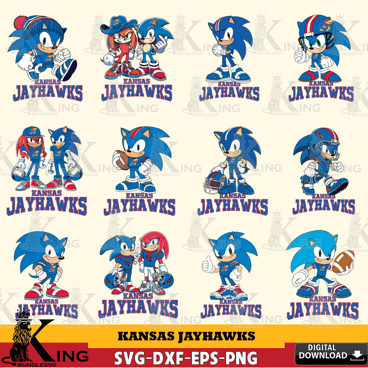 Premium pack containing Kansas Jayhawks Sonic & Knuckles NCAA Football Bundle SVG PNG design suitable for Glowforge and laser
