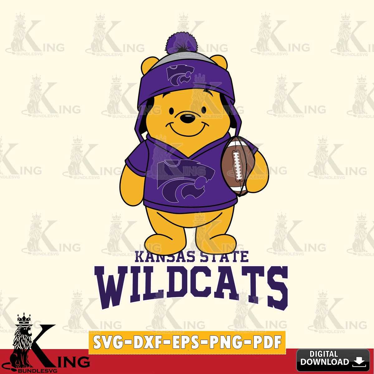 High-quality graphic of Kansas State Wildcats Winnie the Pooh player Football, NCAA SVG PNG design suitable for Glowforge and
